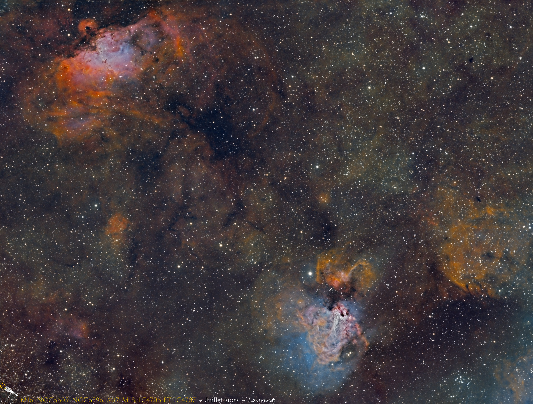 M16, NGC6605, NGC6596, M17, M18, IC4706 et IC4707 M16, NGC6605, NGC6596, M17, M18, IC4706 et IC4707